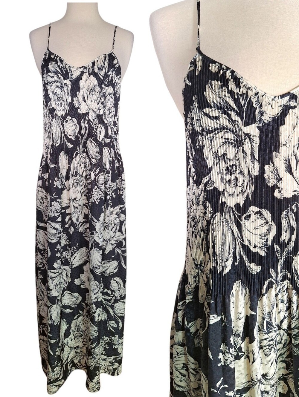 Vintage 90s Mary McFadden Floral Jacquard Maxi Slip Dress Pleated Bodice Satin